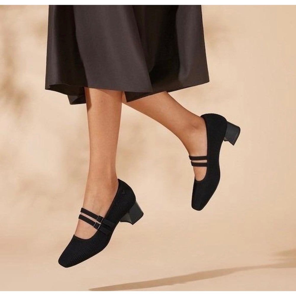 VIVAIA Melody Pro US 9.5 EU41 Black Ribbed Knit Mary Jane Block Heel Office Work